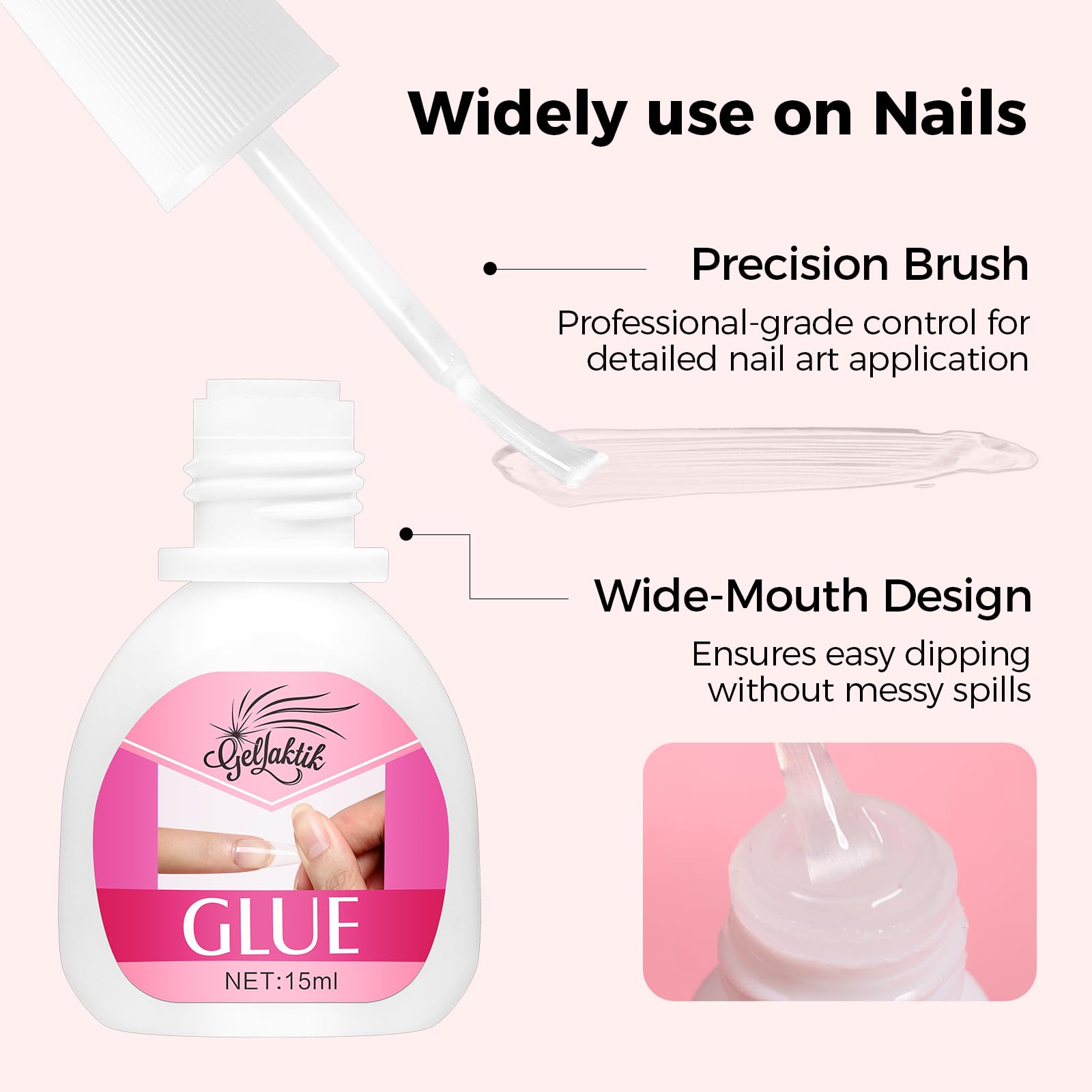 GELLAKTIK glue drop on nail tip showing smooth texture and quick-bonding benefit
