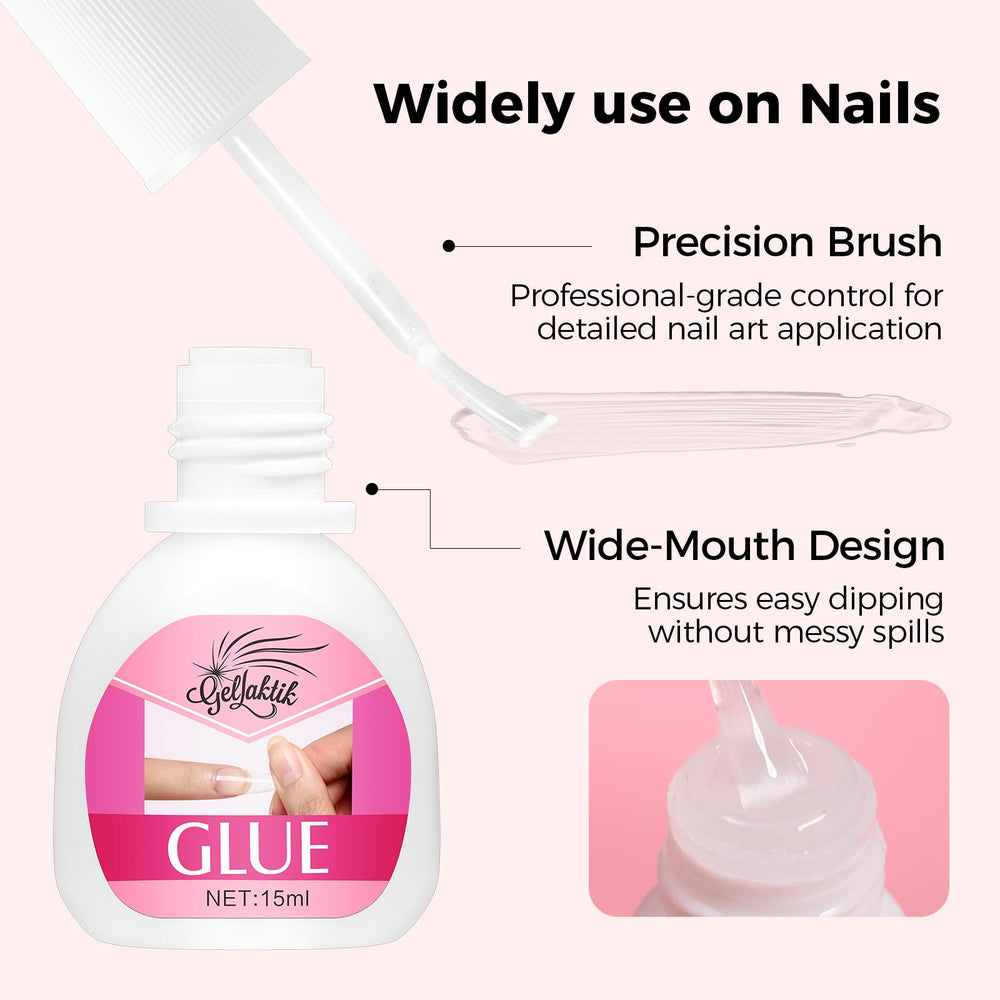 GELLAKTIK glue drop on nail tip showing smooth texture and quick-bonding benefit