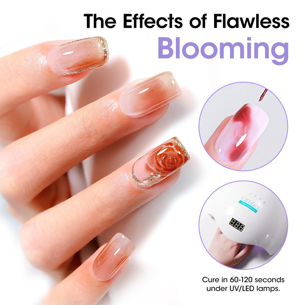 GELLEN marble nail demo with watercolor blooms, showing salon-quality finish