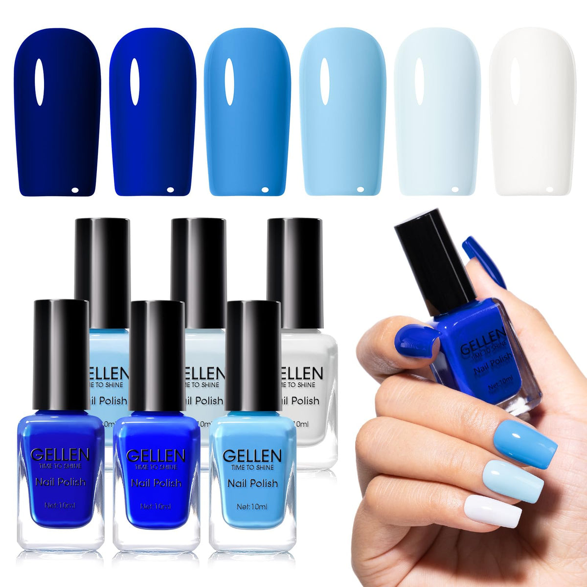 GELLEN front packaging showing six blue polish bottles with glossy finish