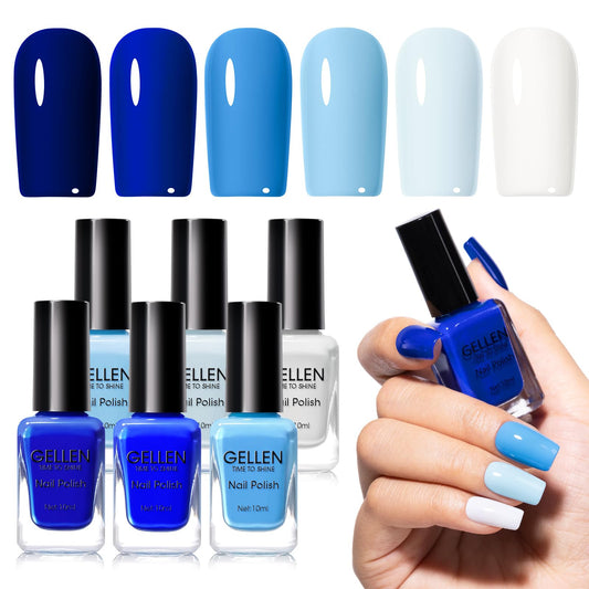 GELLEN front packaging showing six blue polish bottles with glossy finish