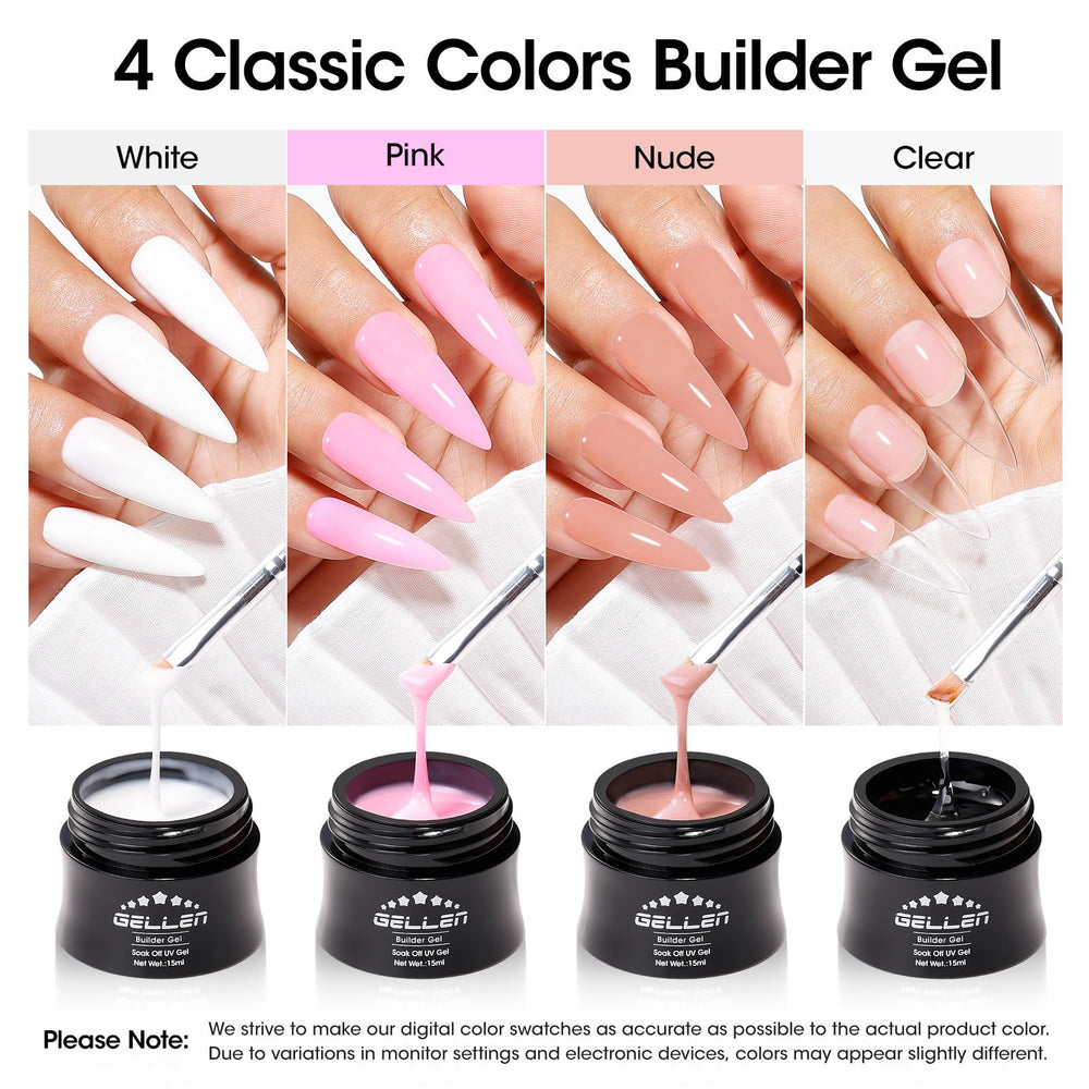 GELLEN four open jars displaying clear, milky white, pink, nude shades