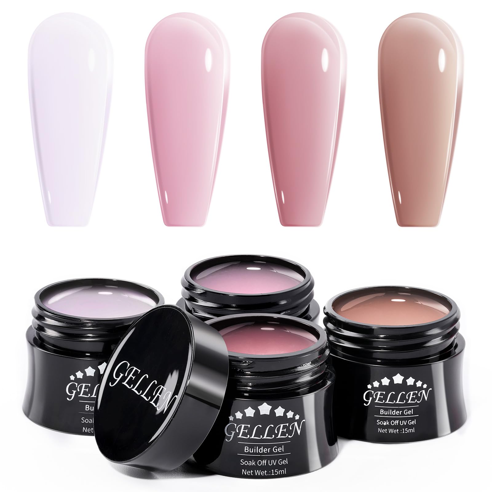 GELLEN front packaging showing four 15ml builder gel tubes and gift box, clear presentation benefit