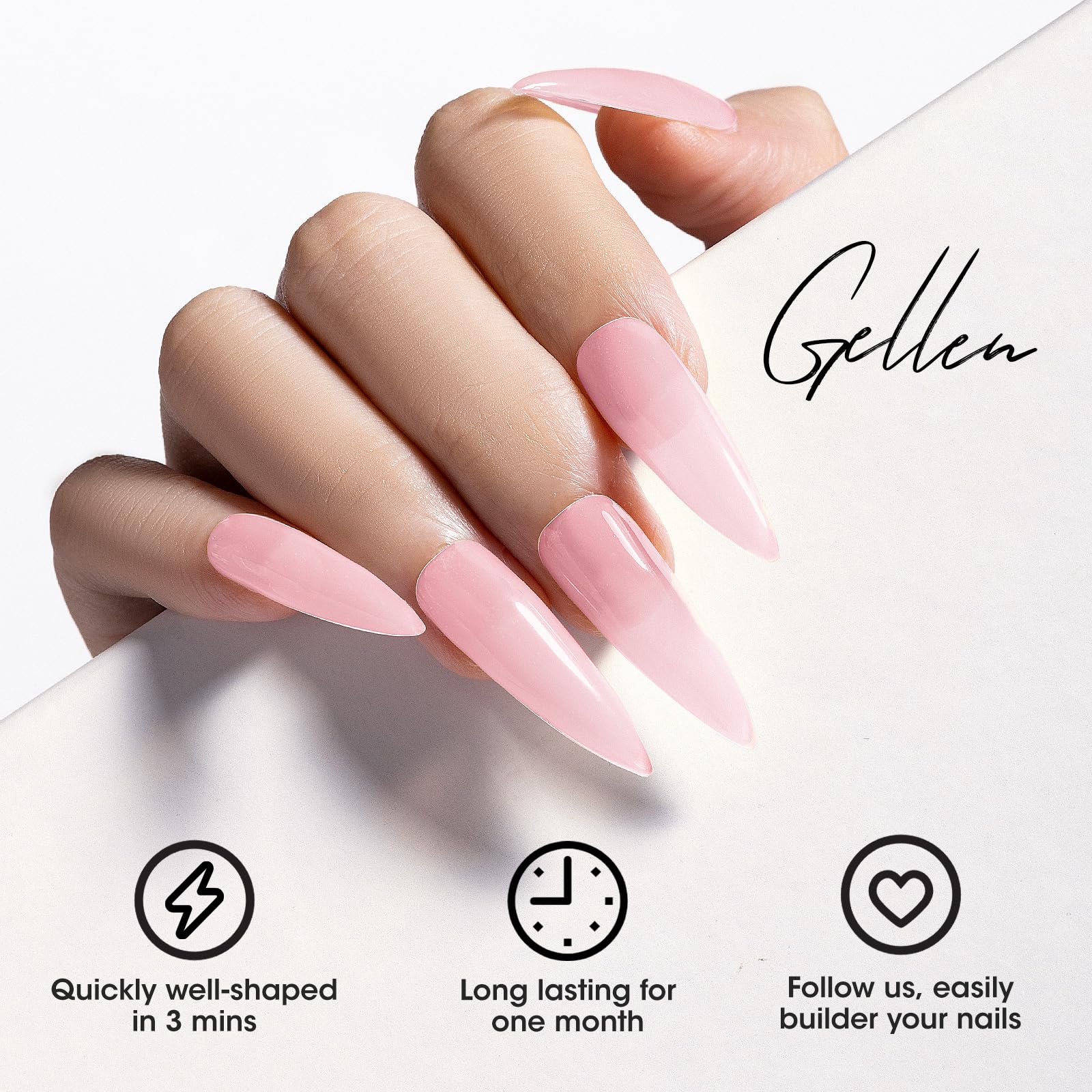 GELLEN builder gel on fingers for size comparison illustrating bottle yield