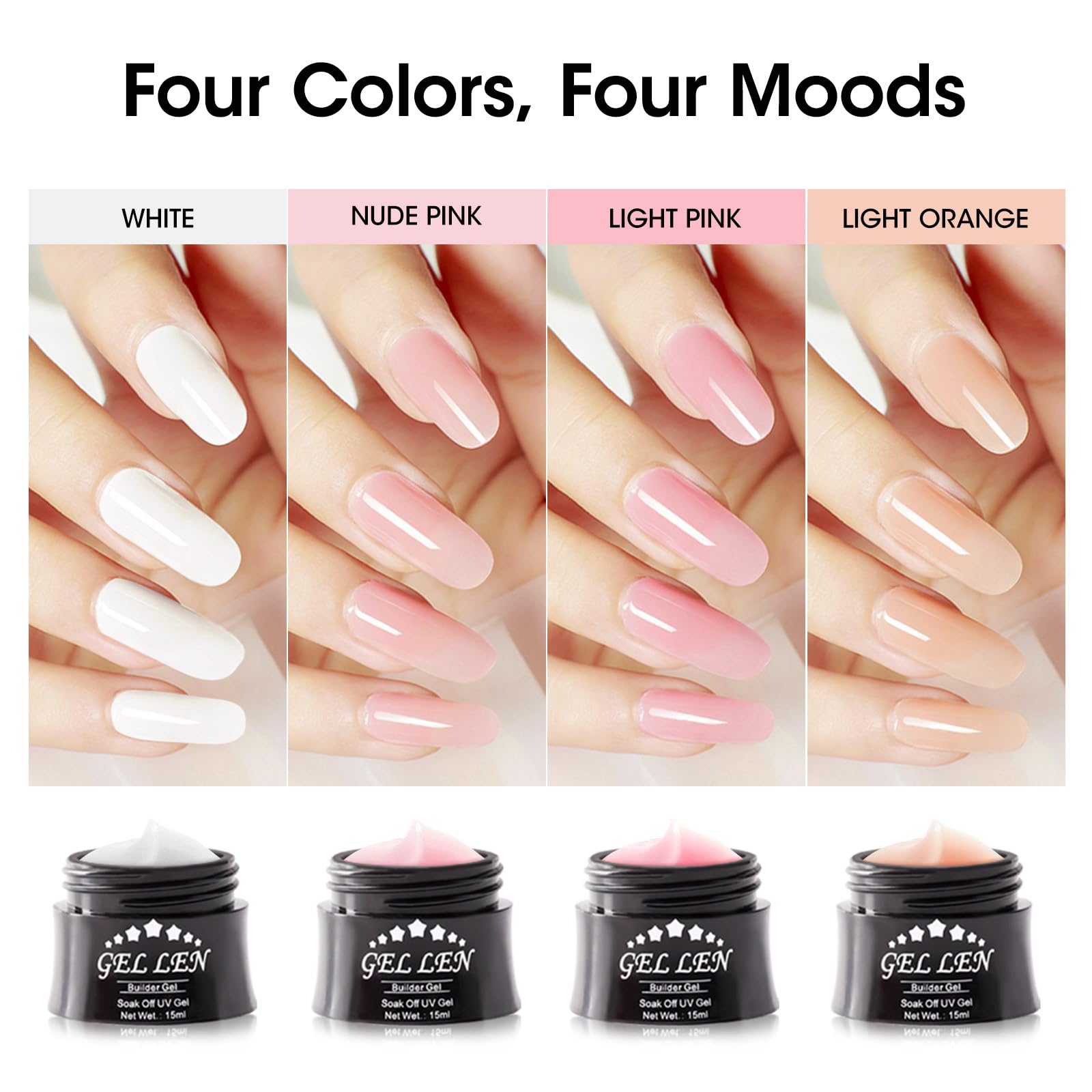 GELLEN builder gel color swatches flat lay showing nude pinks white and light orange benefits color options