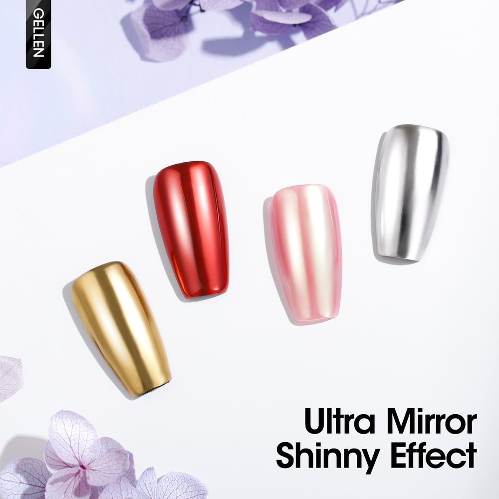 GELLEN mirror chrome nails after powder rub-in demonstrating high gloss