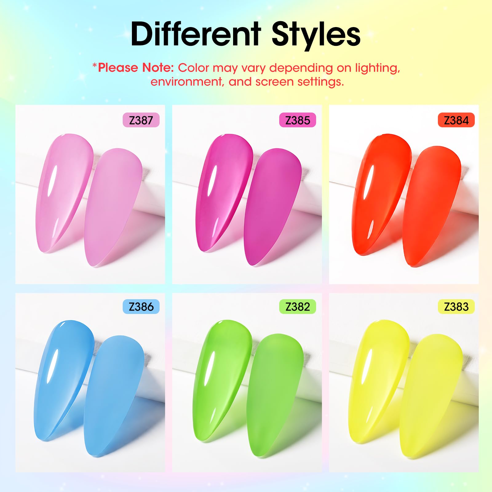 GELLEN color swatch fan displaying all six neon shades for easy selection