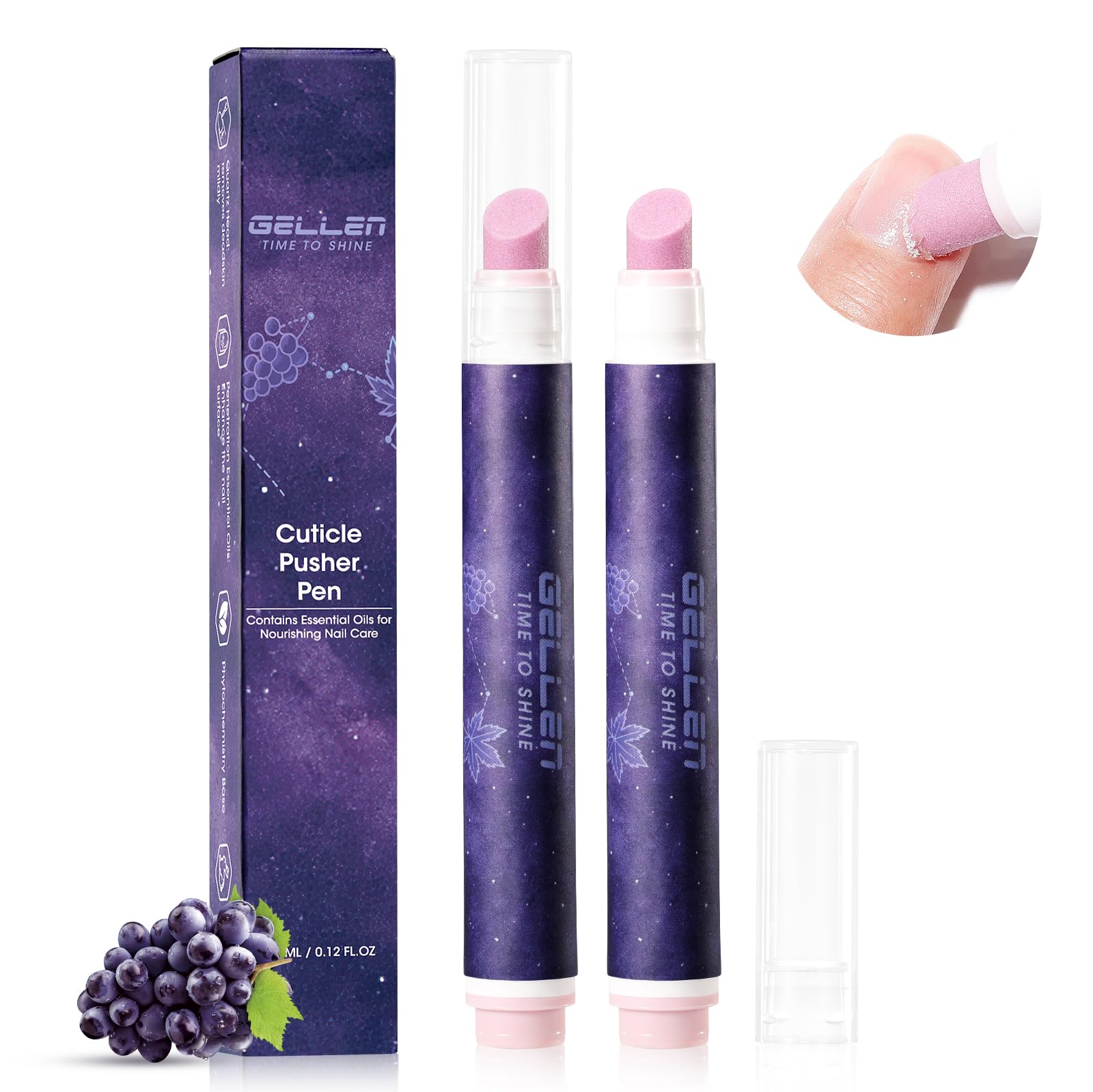 GELLEN front packaging showing two cuticle oil pusher pens and benefits