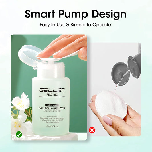 GELLEN dual-phase shaken mix showing oil and water blending for moisturized removal