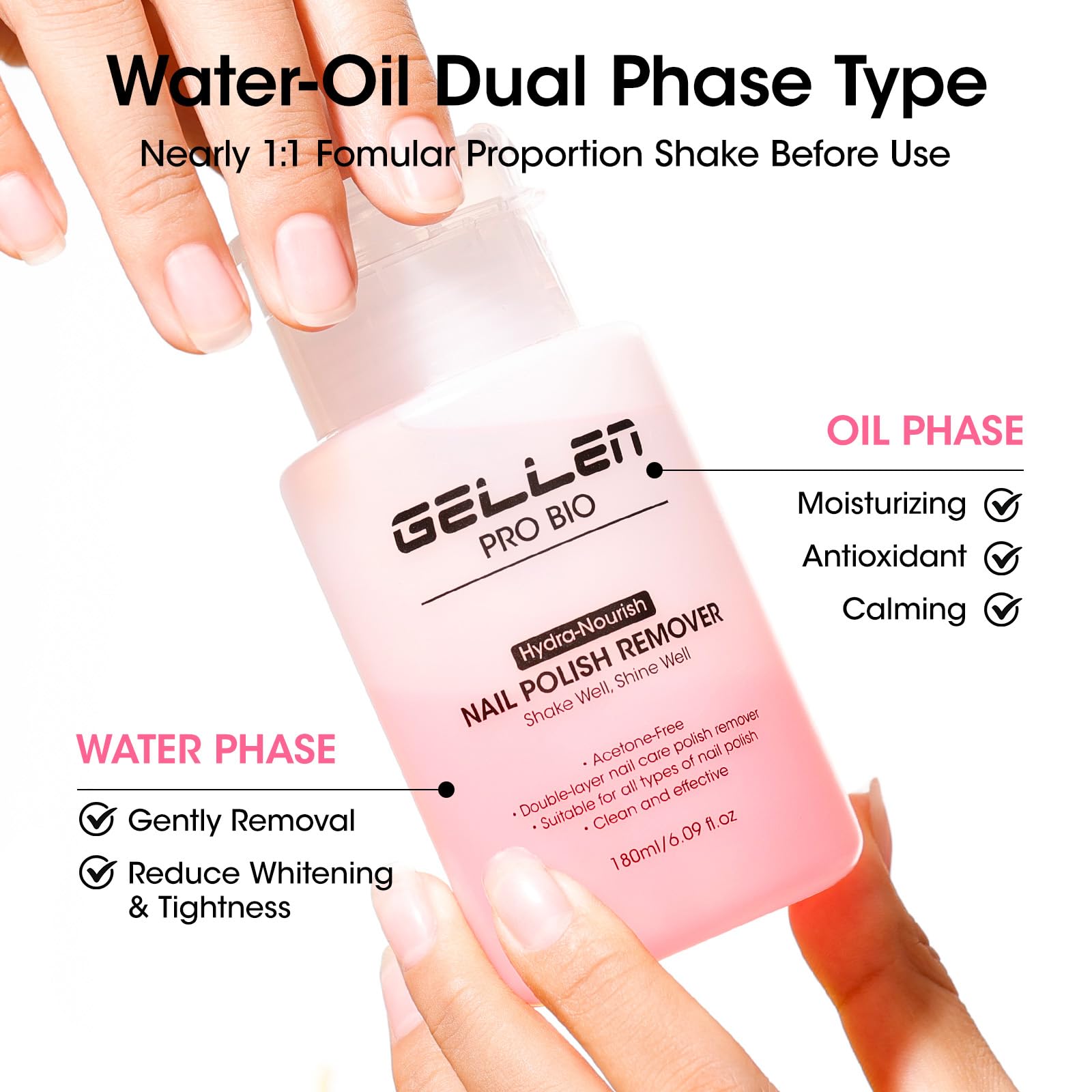 GELLEN dual-phase liquid separated then mixed to hydrate nails while removing polish