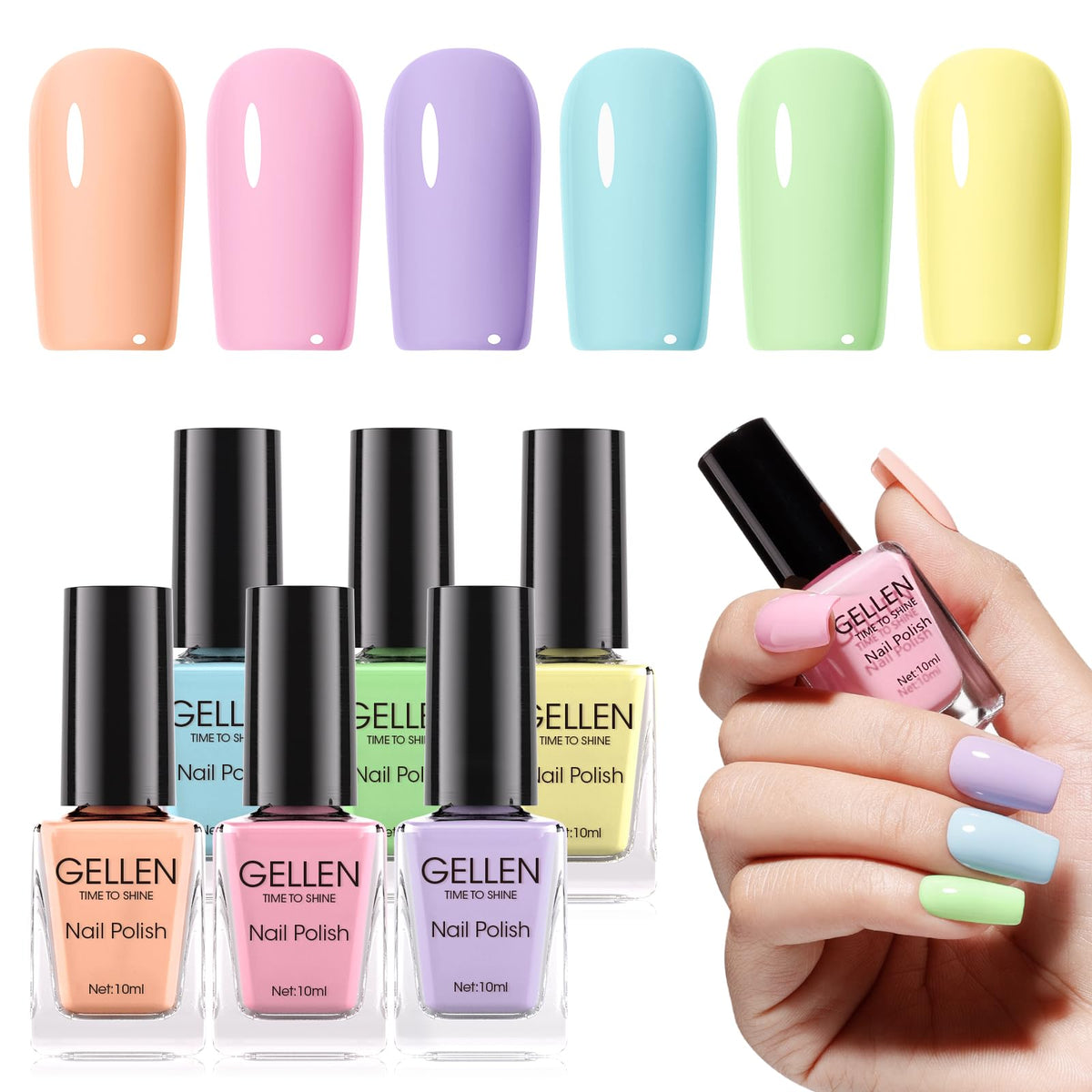 GELLEN front bottle lineup showing six pastel shades and quick-dry benefit