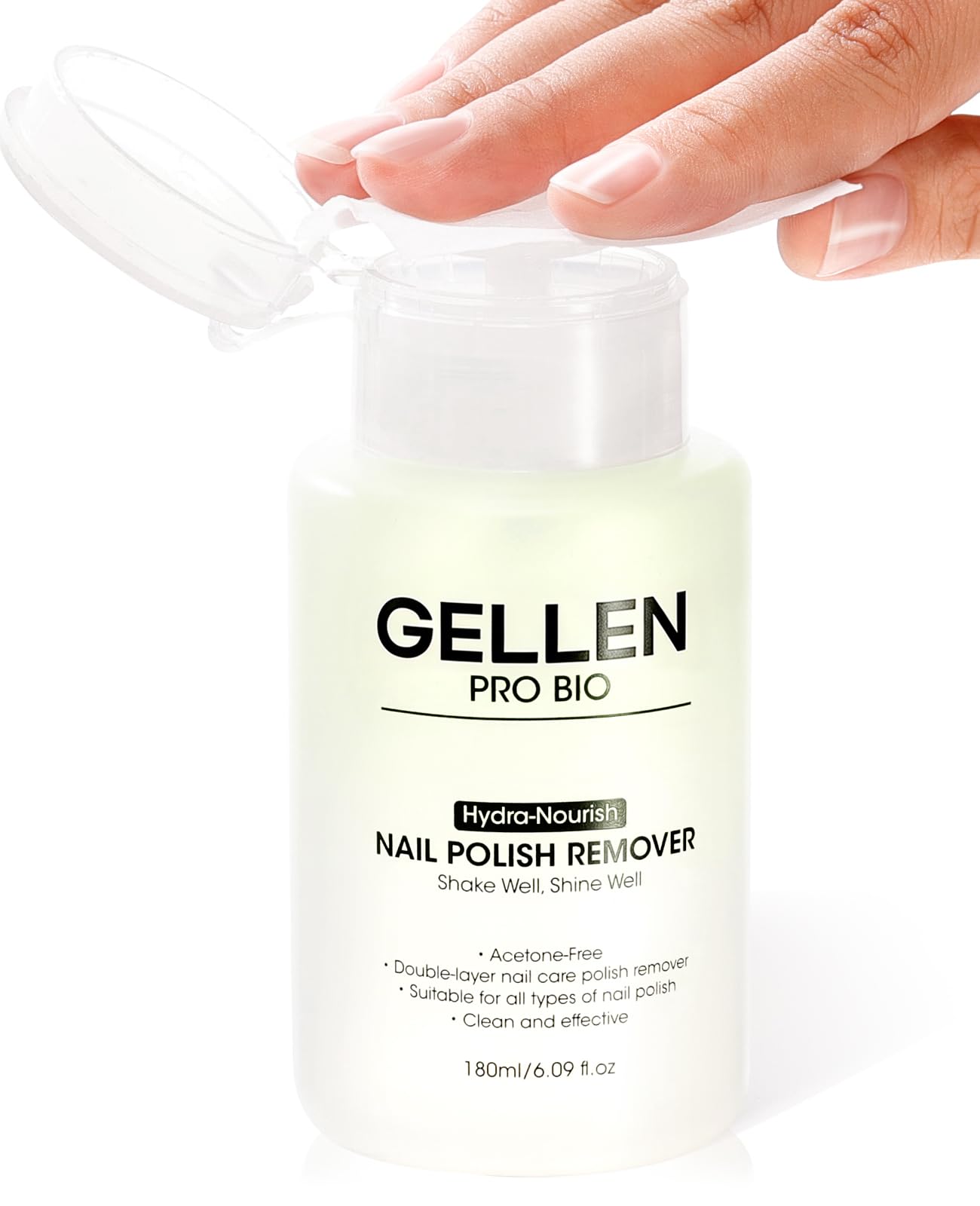 GELLEN front bottle showing label and pump for fast neat removal