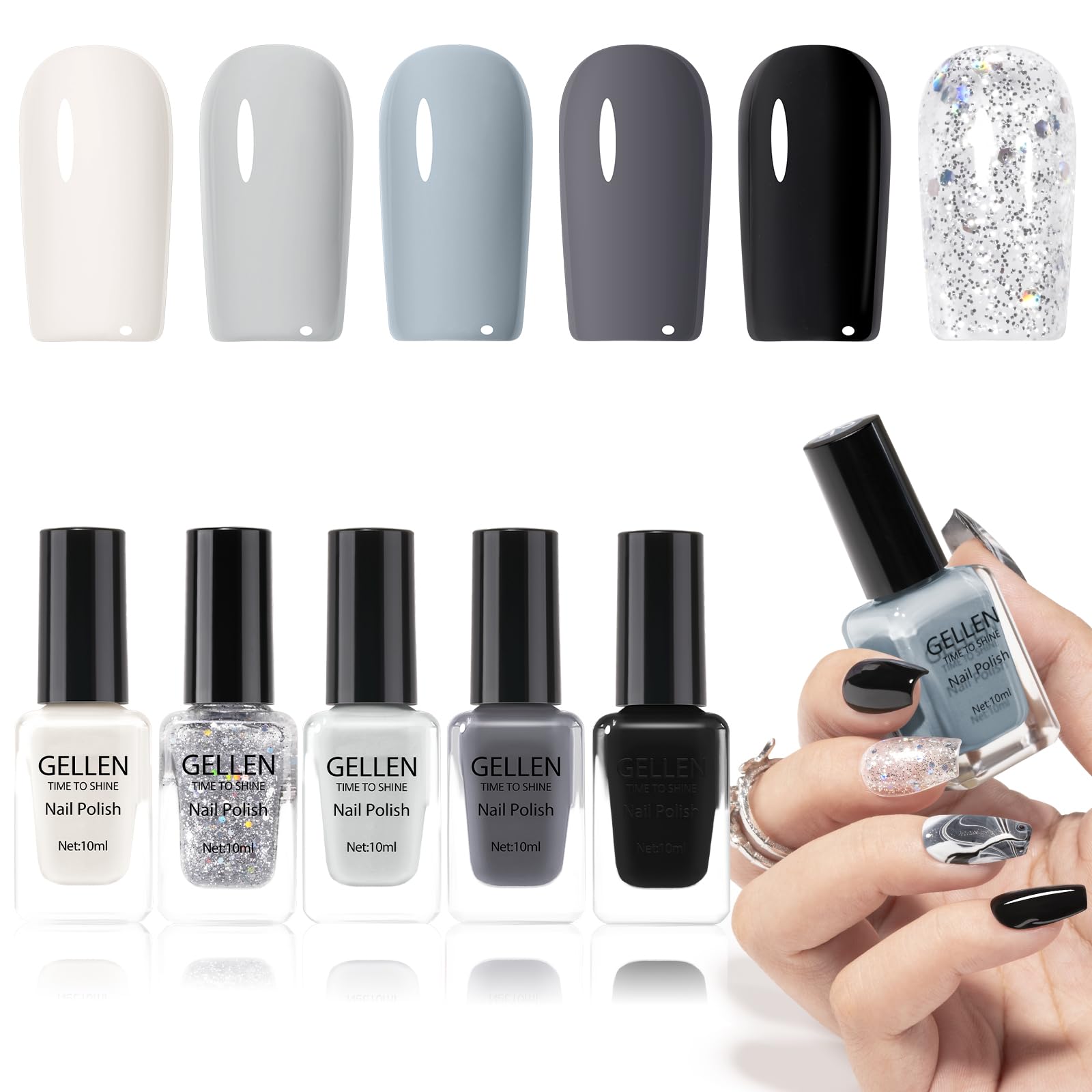 GELLEN front packaging showing six neutral shades and clear labeling for quick selection