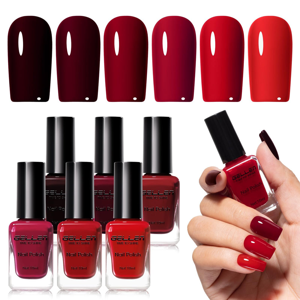GELLEN front packaging of six dark red polishes showing variety and gifting appeal