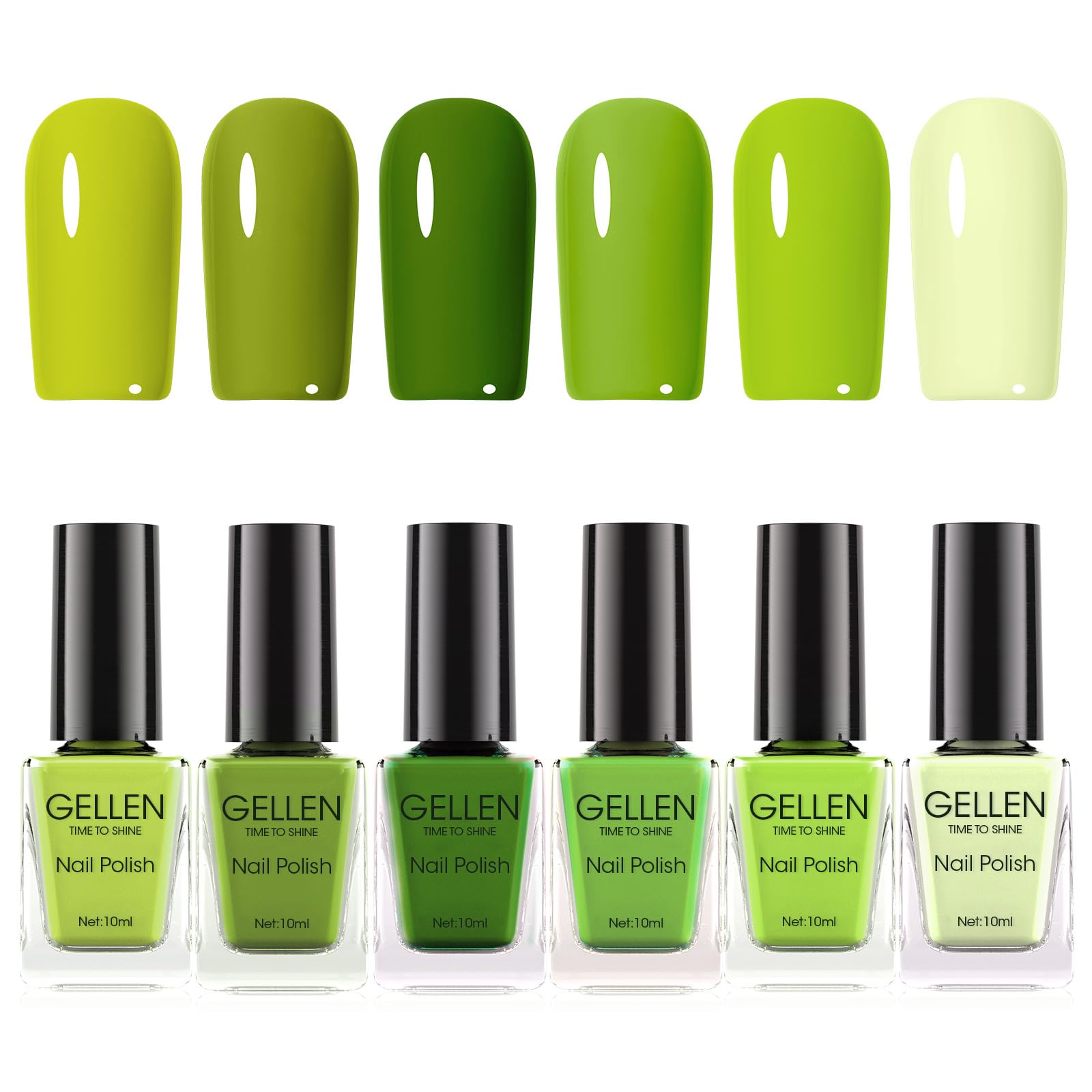 GELLEN front packaging displaying six green shades and fast-dry benefits