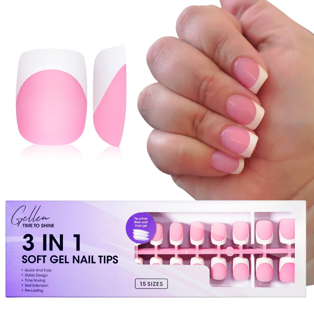 GELLEN front packaging showing 150 pink French tips and quick benefits