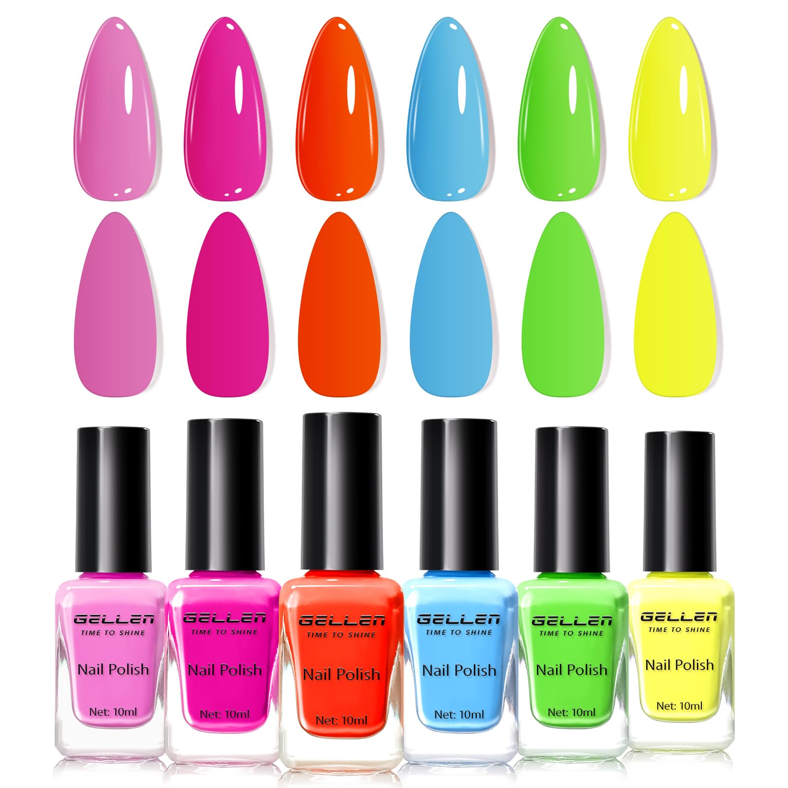 GELLEN front packaging showing six neon polish bottles and bright rainbow appeal