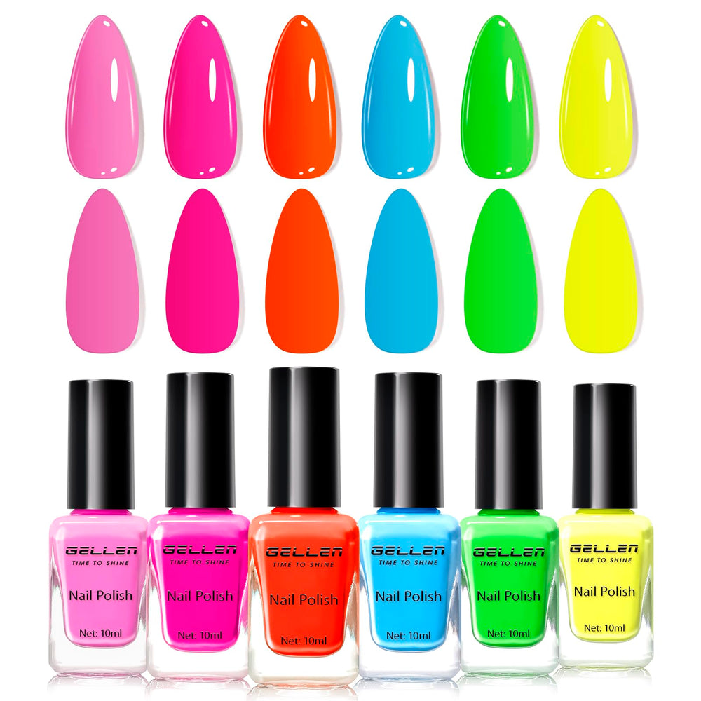 GELLEN front packaging showing six neon polish bottles and bright rainbow appeal
