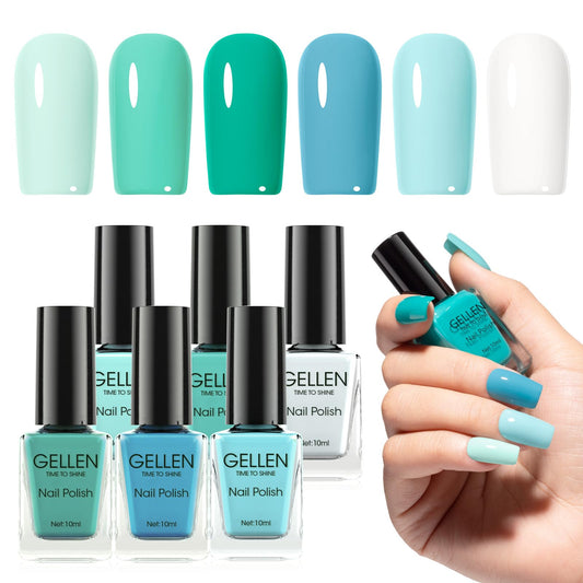 GELLEN front packaging showing six teal and turquoise bottles for quick color choices
