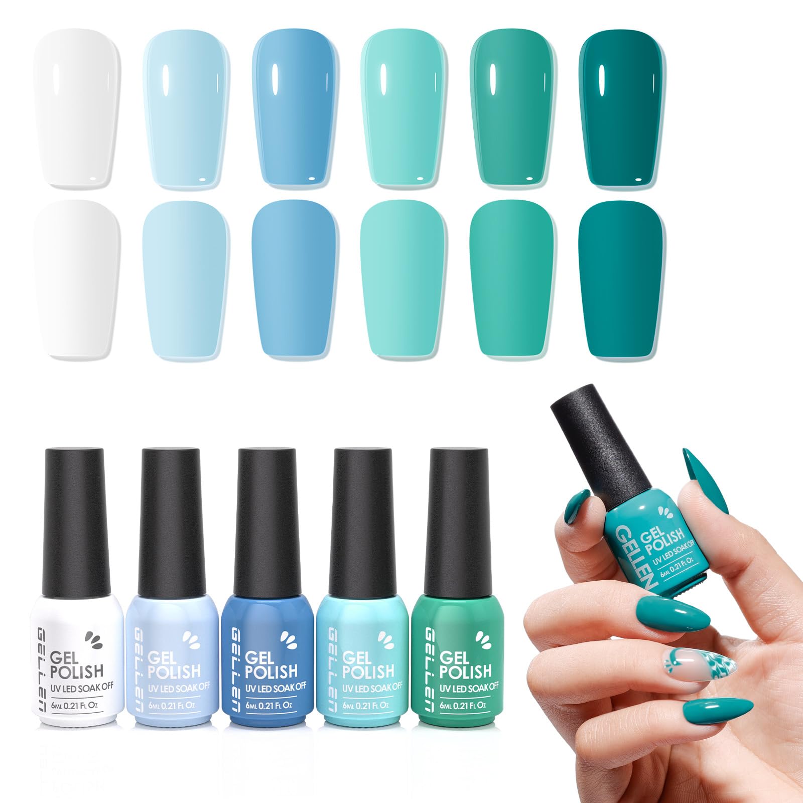 GELLEN front packaging showing six teal shades and quick-curing benefit