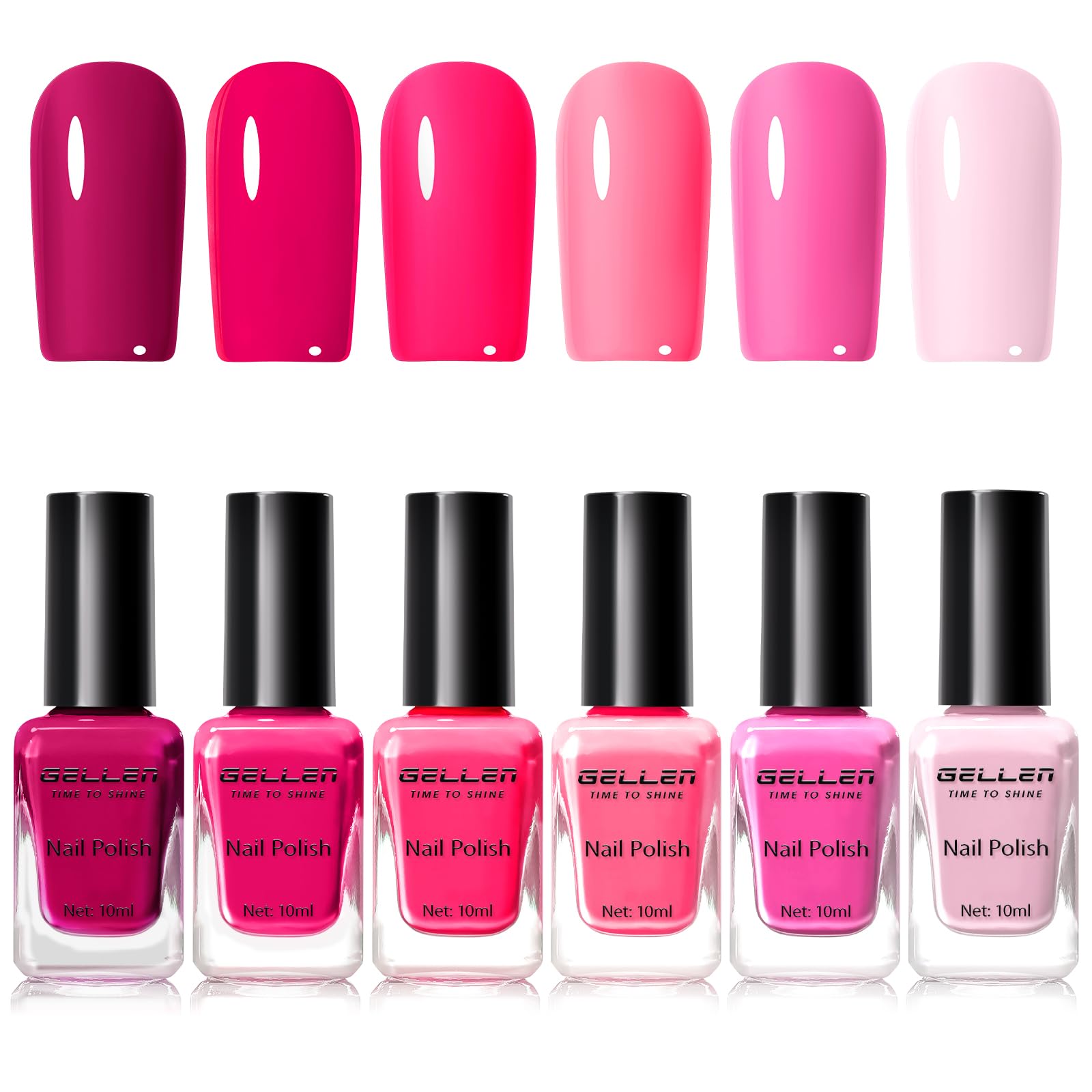 GELLEN front packaging showing six full‑size hot pink bottles for easy selection