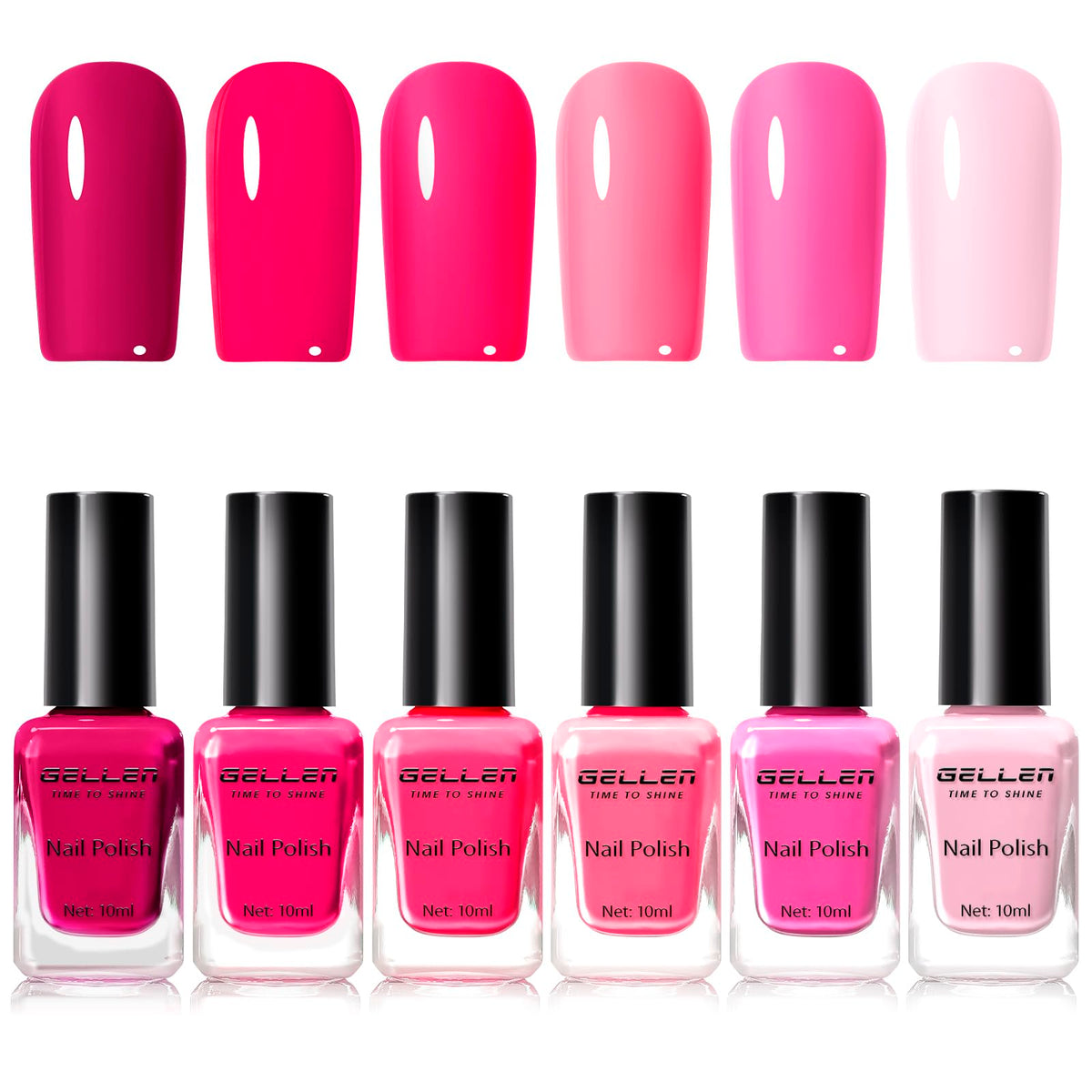 GELLEN front packaging showing six full‑size hot pink bottles for easy selection