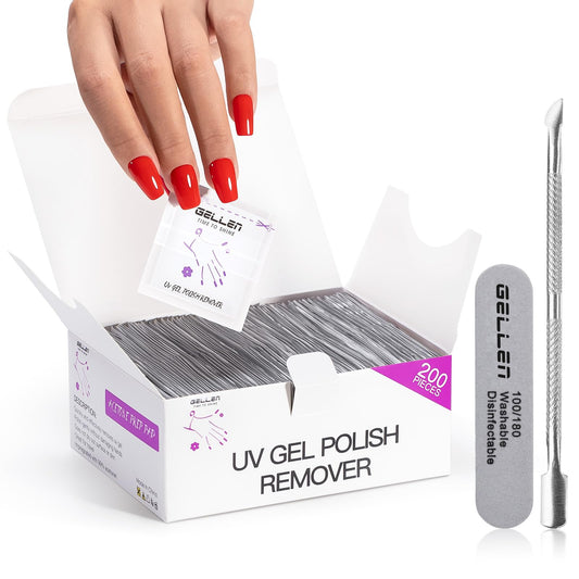 GELLEN front packaging showing 200-piece remover pad kit and included tools for easy storage