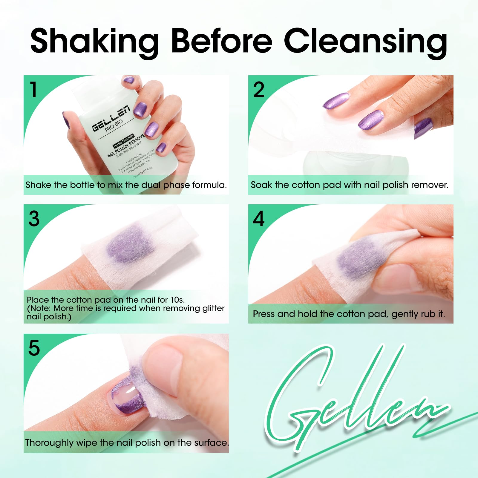 GELLEN removing glitter polish from nail showing efficient lift and minimal rubbing