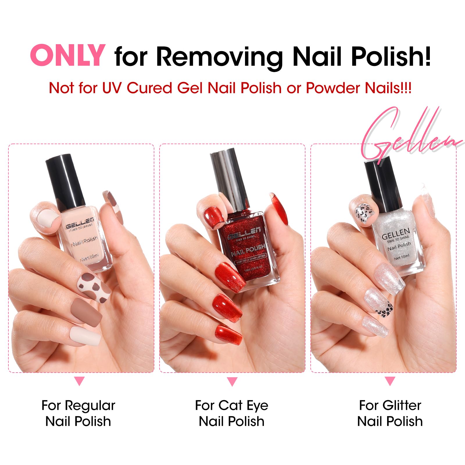 GELLEN removing glitter polish to show efficient lift and no residue left behind