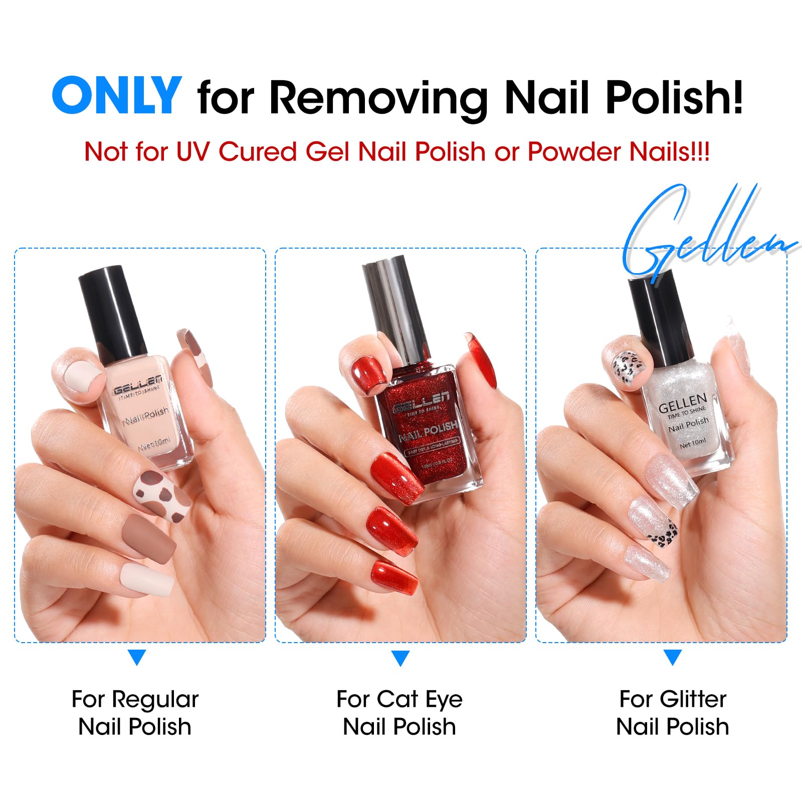 GELLEN removing glitter polish from nail, demonstrating efficient glitter removal