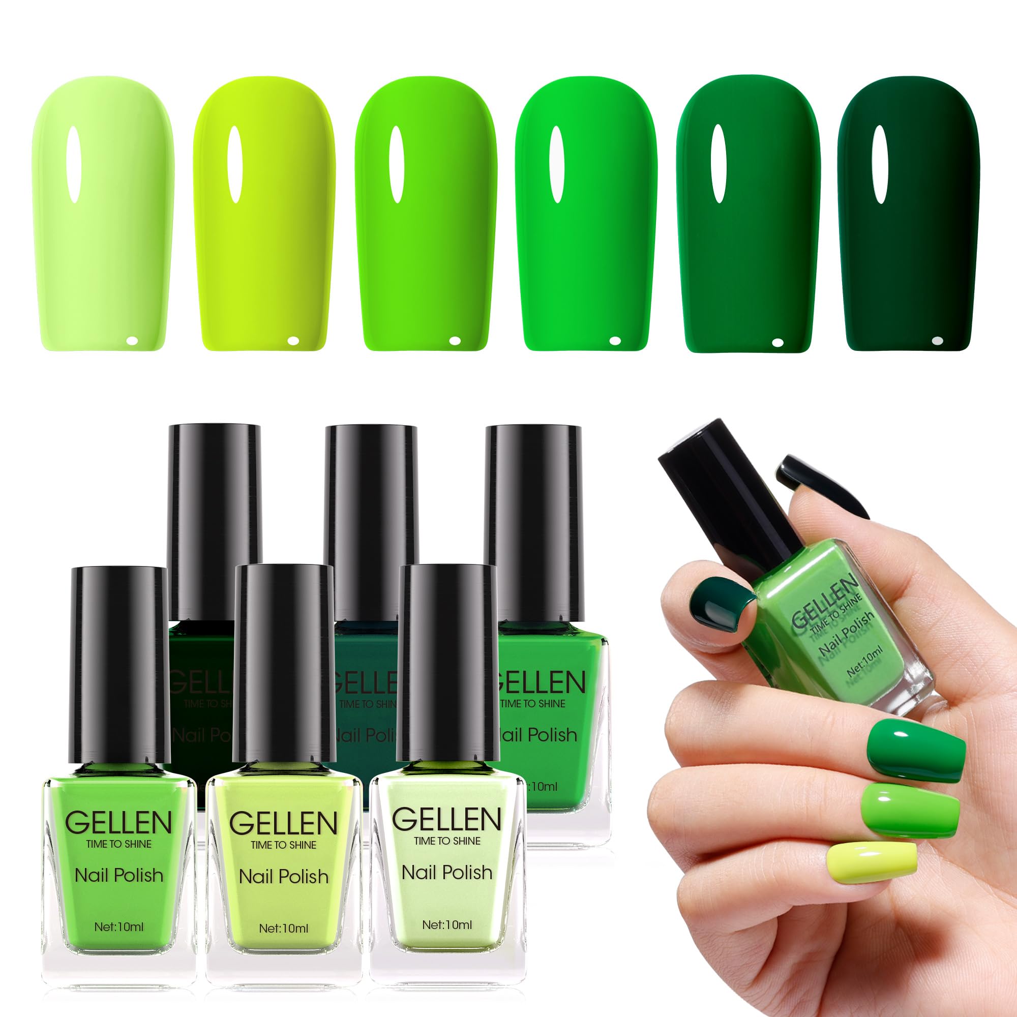 GELLEN front packaging showing six green bottles and quick-dry benefit
