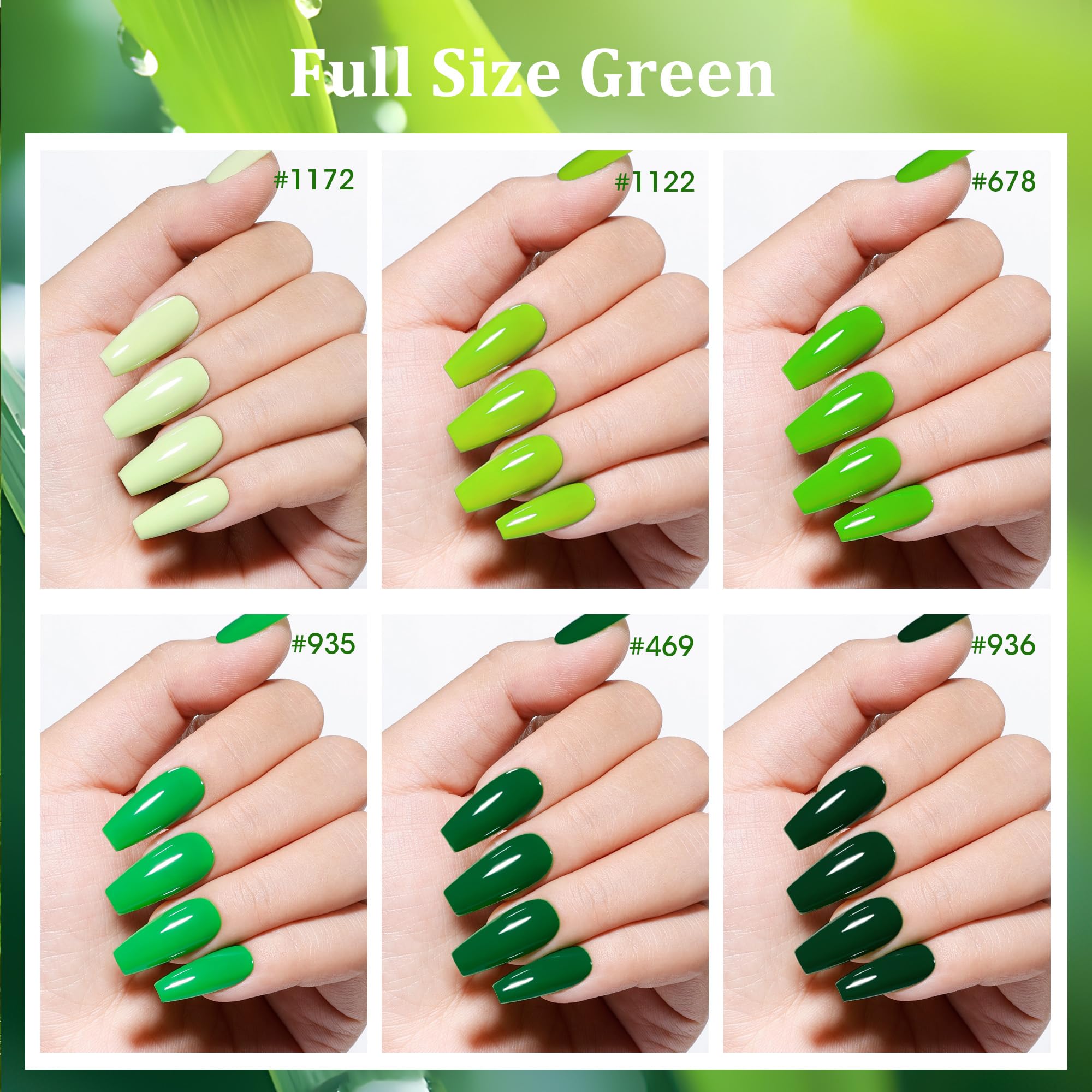 GELLEN swatches of six green shades displaying versatile color choices