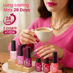 GELLEN polished hands with bright hot pink manicure showing durable high-shine benefit