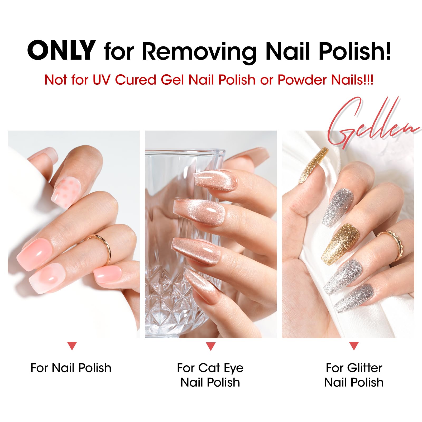 GELLEN in use removing glitter polish, showing fast, residue-free cleaning