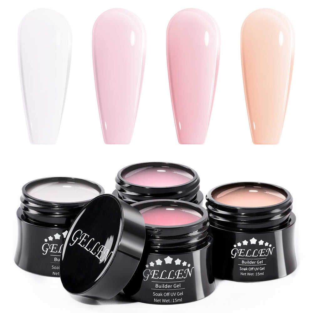 GELLEN kit front packaging showing four builder gel bottles and gift box benefits clear organization