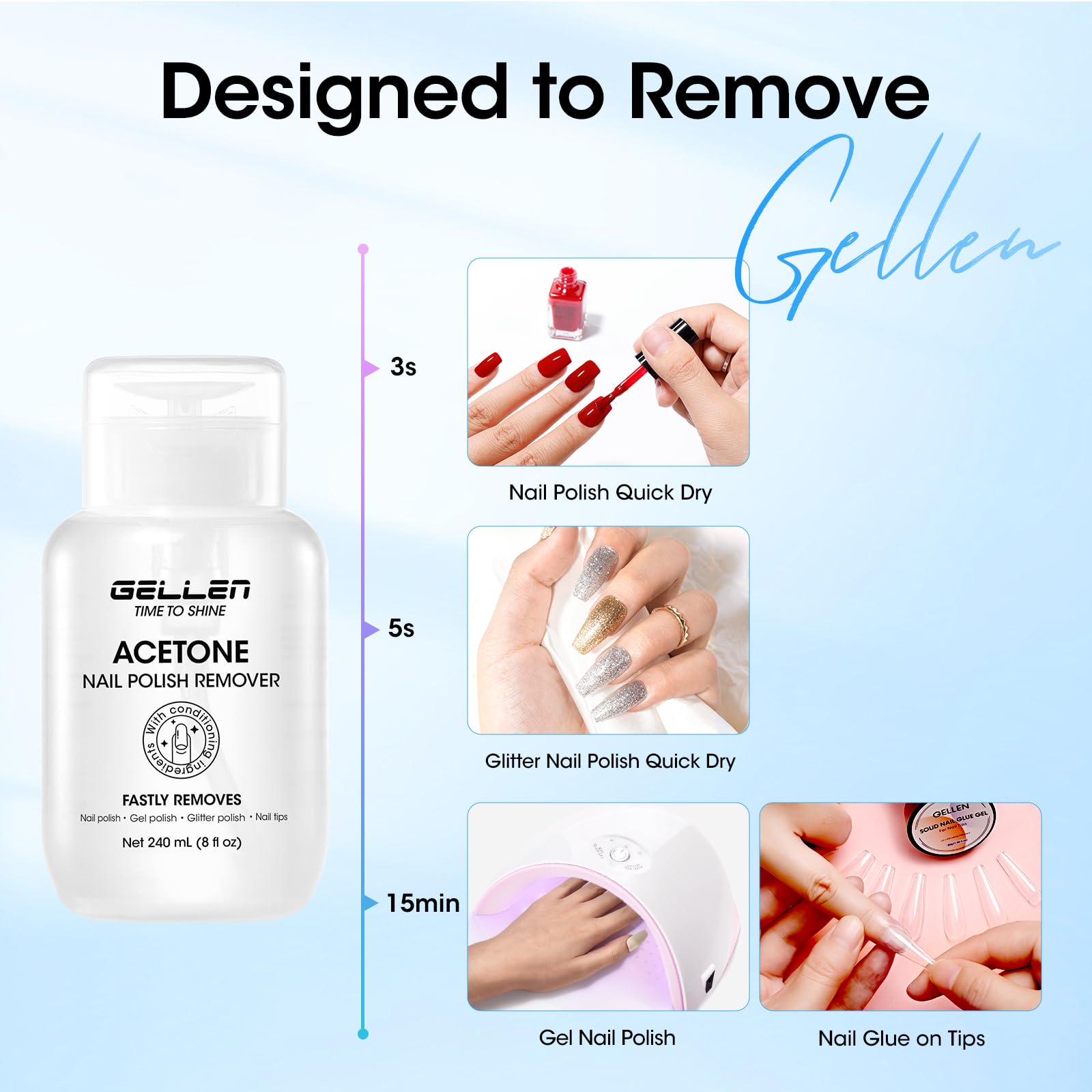 GELLEN label close-up listing aloe and glycerin, protecting nails during removal