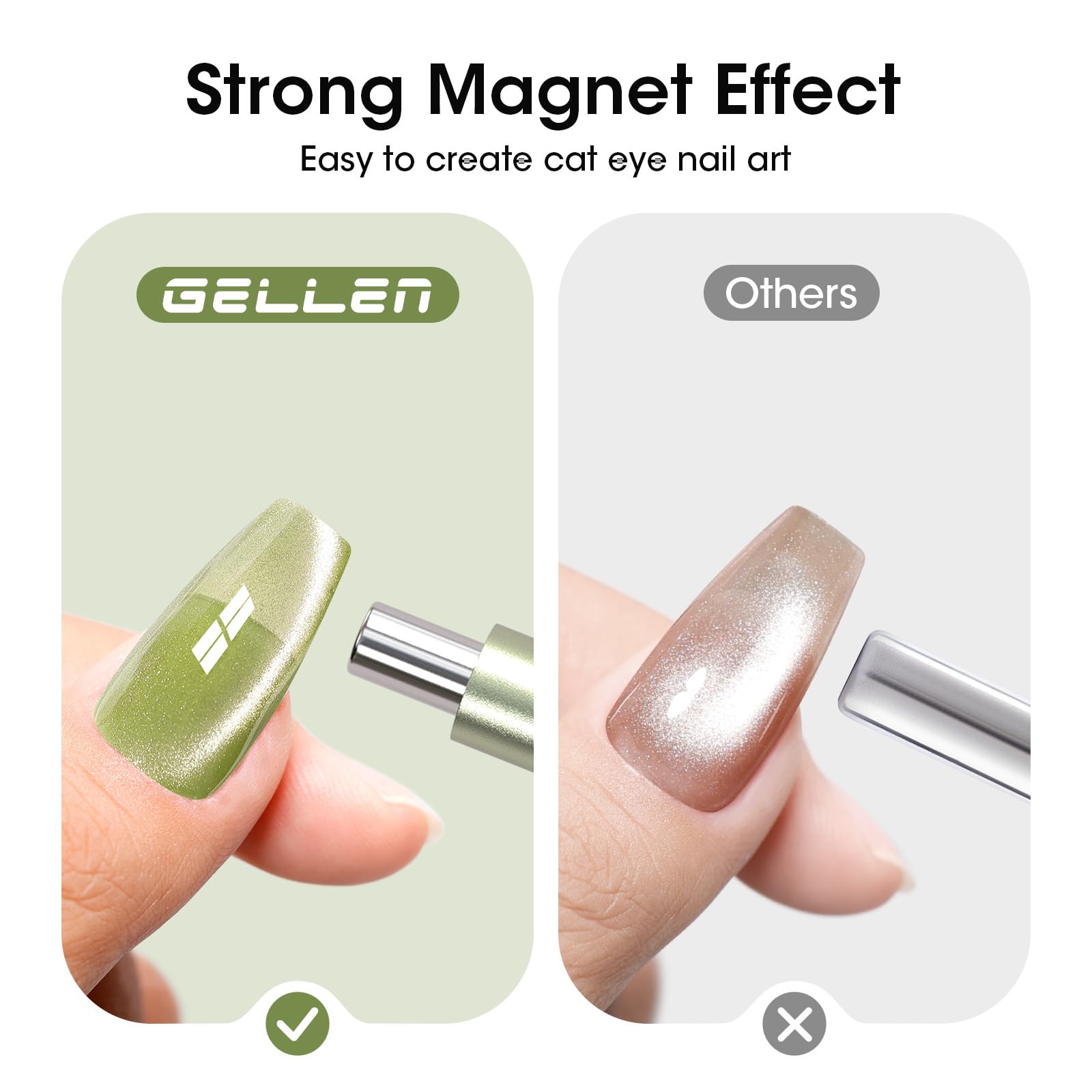 GELLEN magnet held near cured gel nail showing in-use pattern shaping benefit
