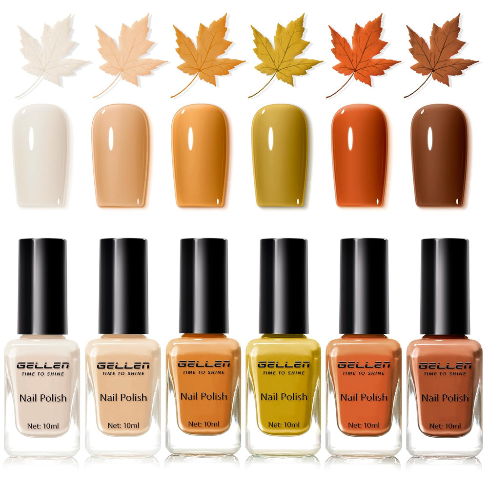 GELLEN bottle lineup showing six fall brown shades and rich glossy finish