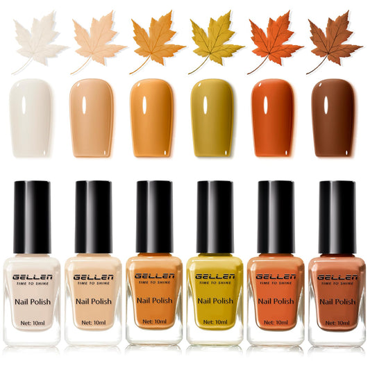 GELLEN bottle lineup showing six fall brown shades and rich glossy finish