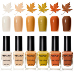 GELLEN bottle lineup showing six fall brown shades and rich glossy finish