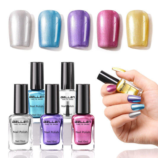 GELLEN front packaging showing five metallic polish bottles and included base top coat for easy use