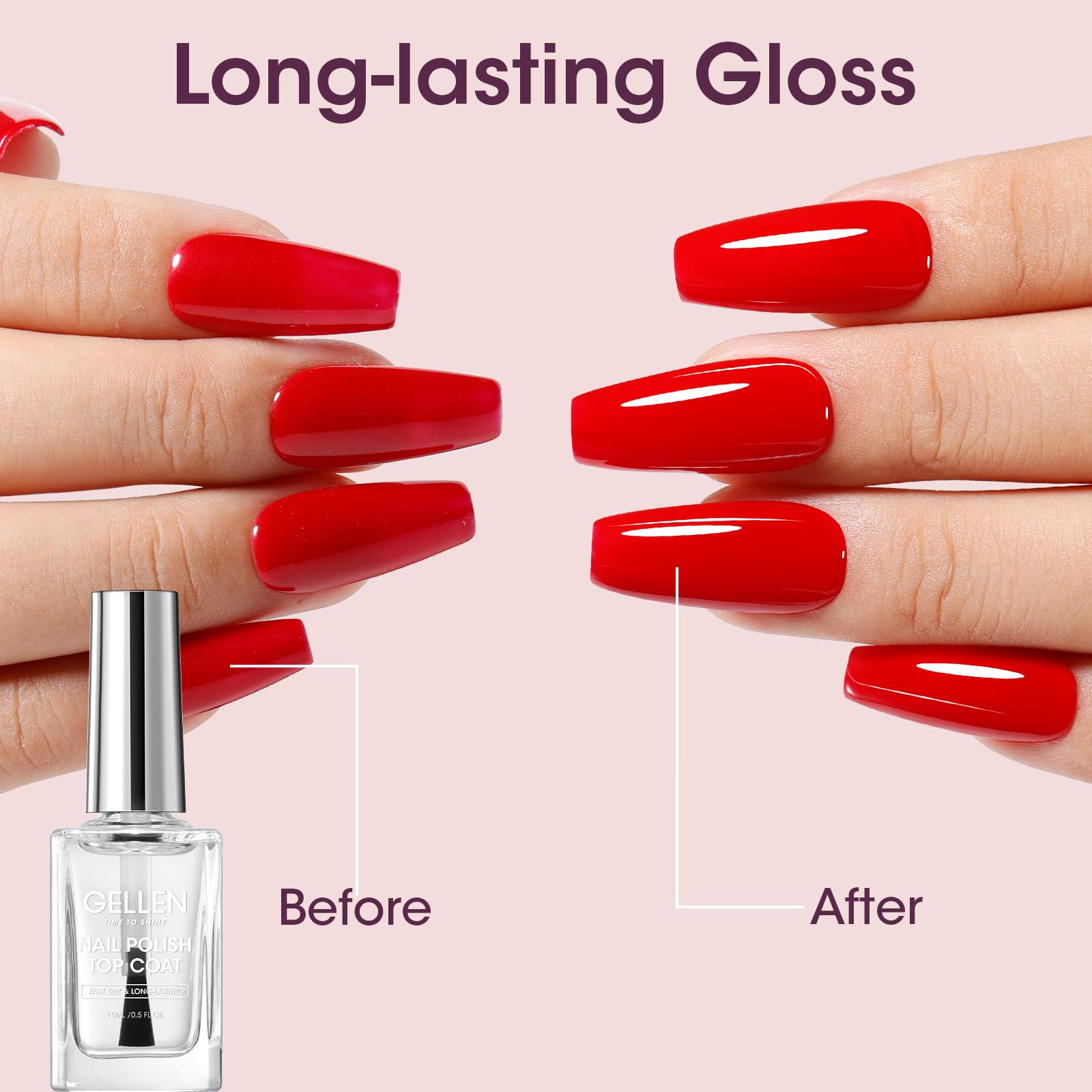 GELLEN before and after nails showing improved gloss and chip resistance