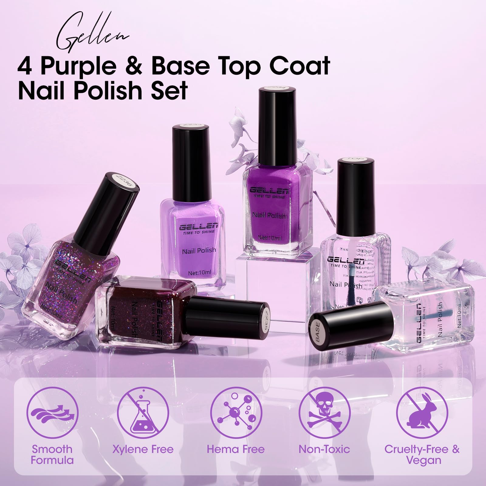 GELLEN nail swatch fan displaying four purple shades for mix-and-match manicures