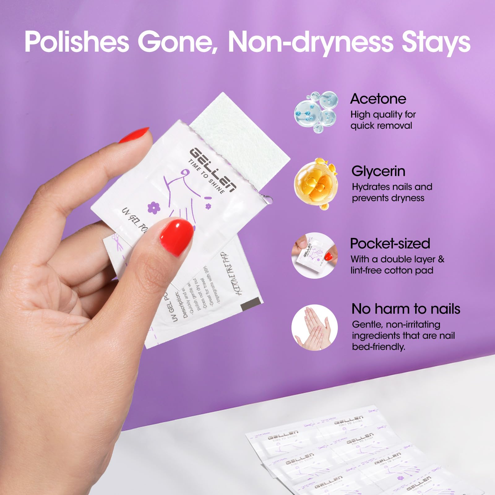 GELLEN pad in hand demonstrating easy on-the-go polish removal