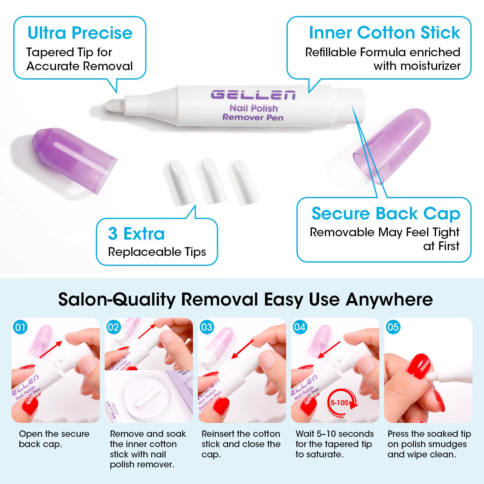 GELLEN pen with three replacement tips illustrating refillable convenience benefit