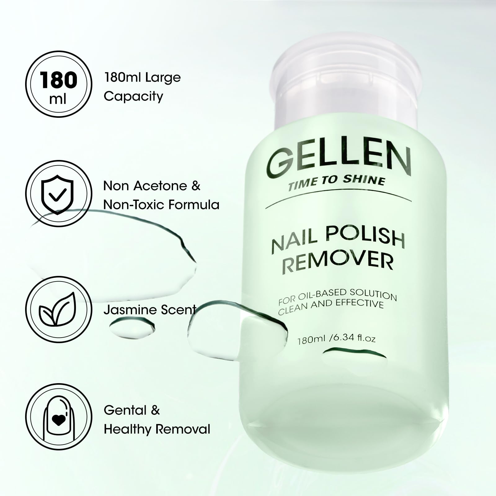 GELLEN pump and dust-proof cap close-up emphasizing easy one-handed use