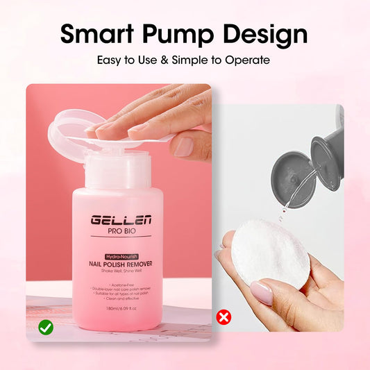GELLEN pump head dispensing remover onto cotton pad for tidy, one-handed use