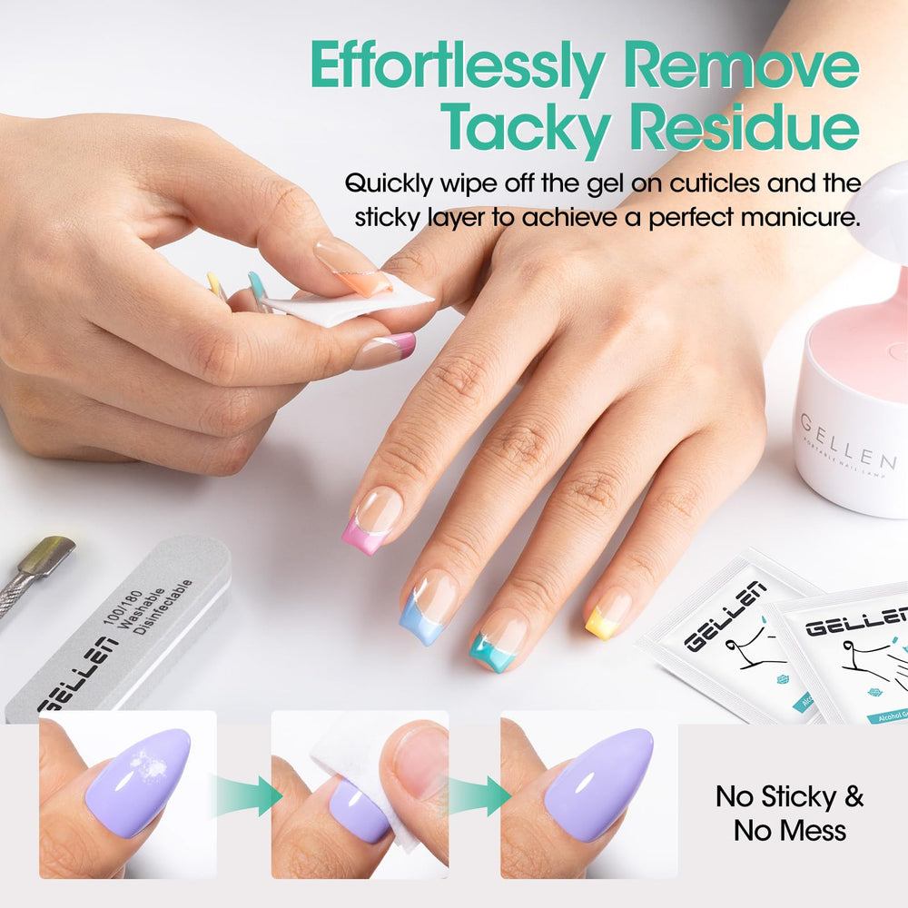 GELLEN wipe removing tacky layer to reveal a glossy manicure finish