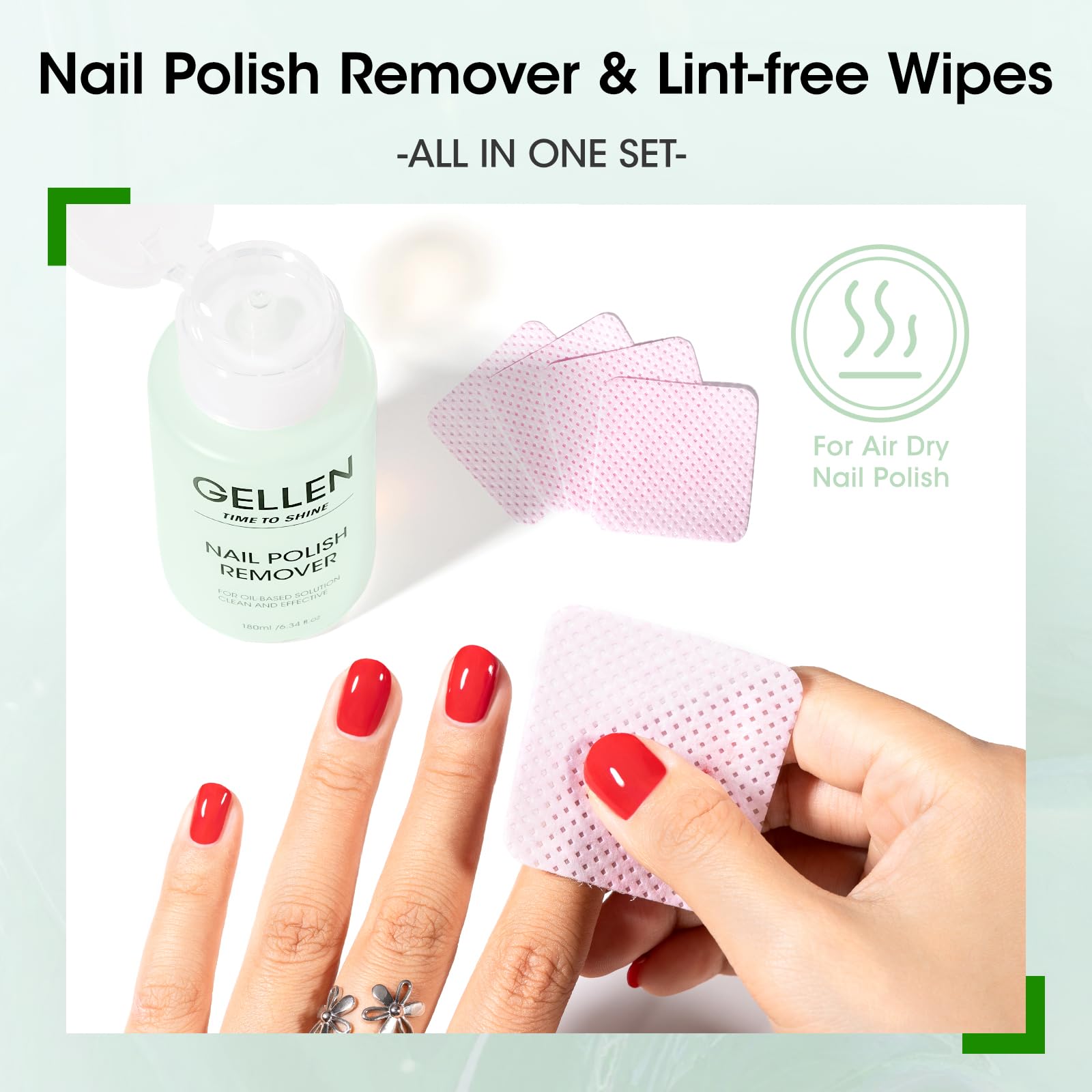 GELLEN remover dispensed onto wipe demonstrating controlled amount benefit