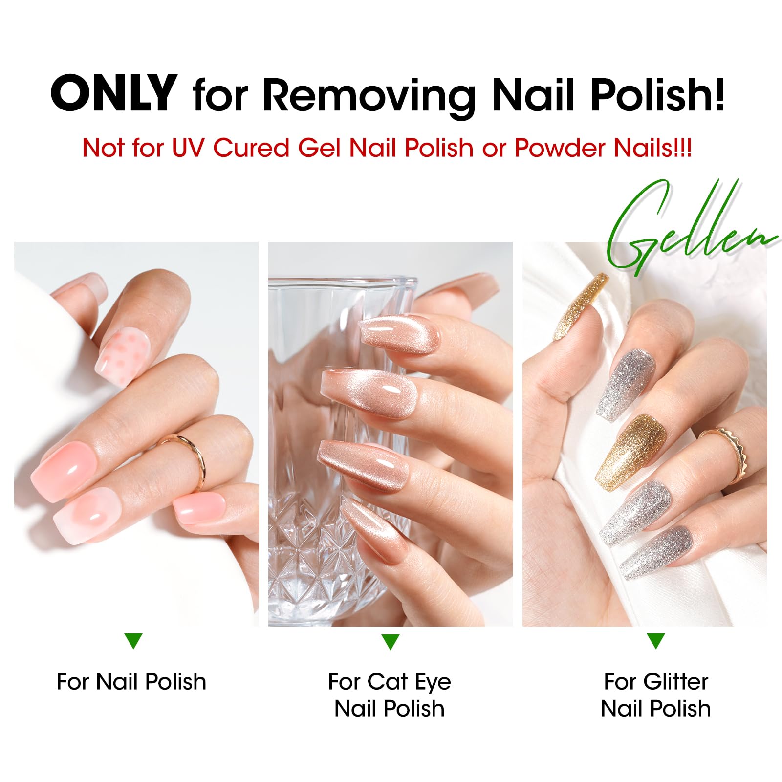 GELLEN remover soaked cotton pad showing fast polish breakdown benefit